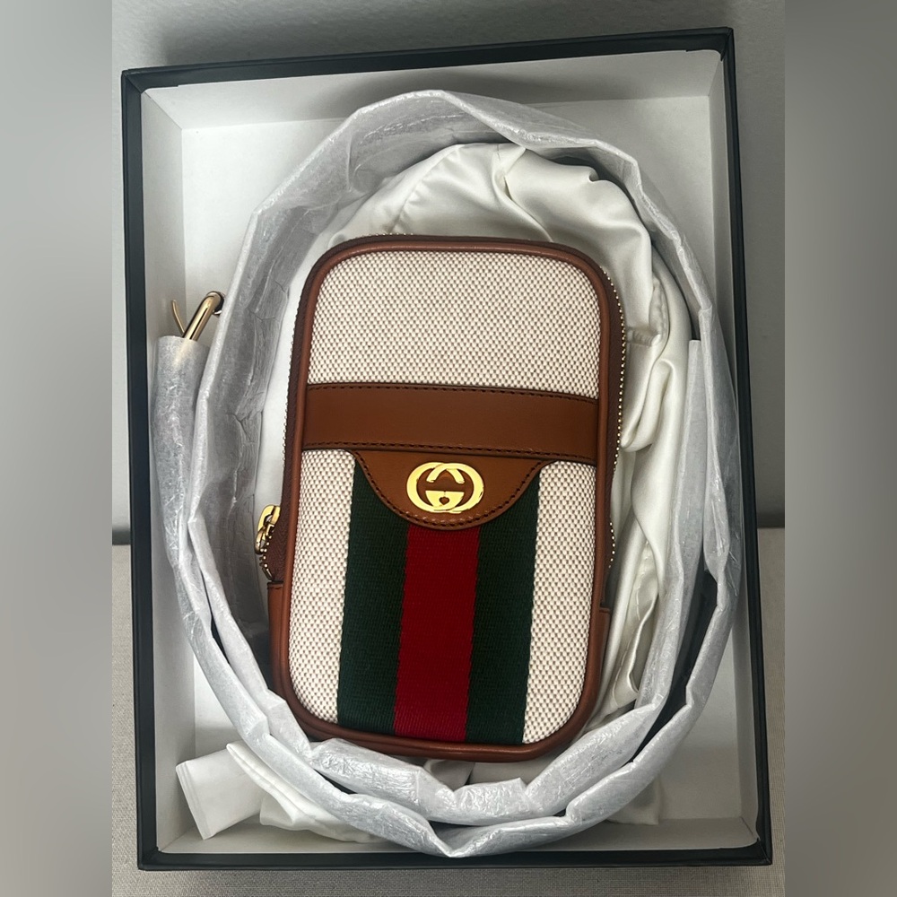 NIB Gucci Canvas and Leather Striped Belt Bag - Picture 6 of 10